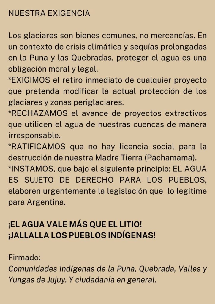 Declaración de los Pueblos Indígenas de Jujuy en contra de las Reformas que propone el gobierno nacional con la Ley de Glaciares